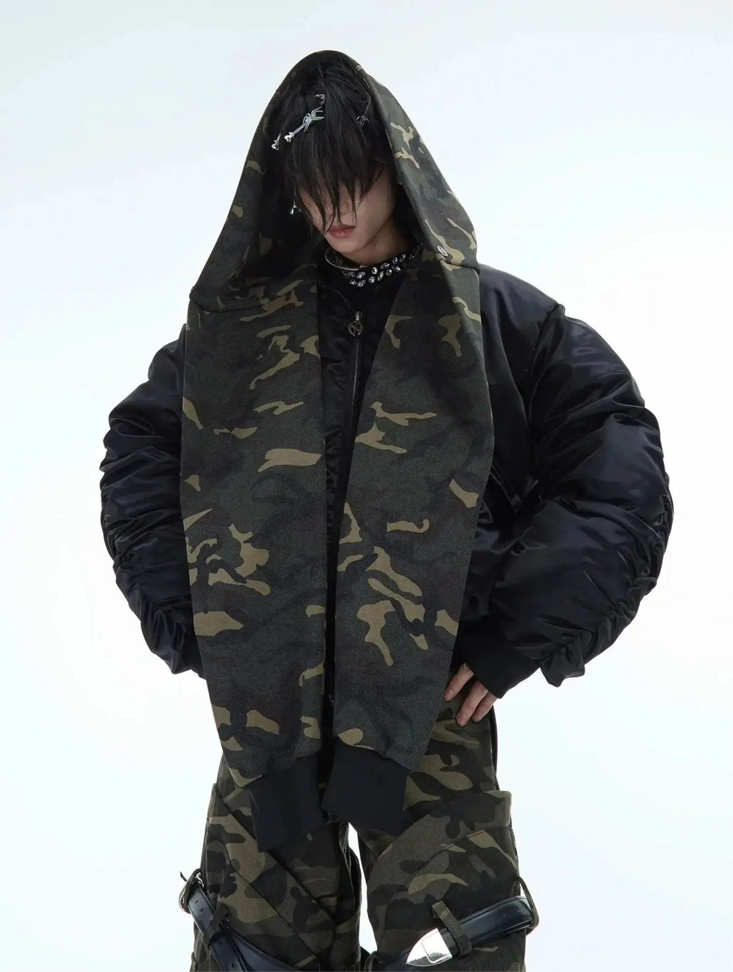 Oversized Camouflage Scarf Hooded Bomber Jacket Hominus Denim