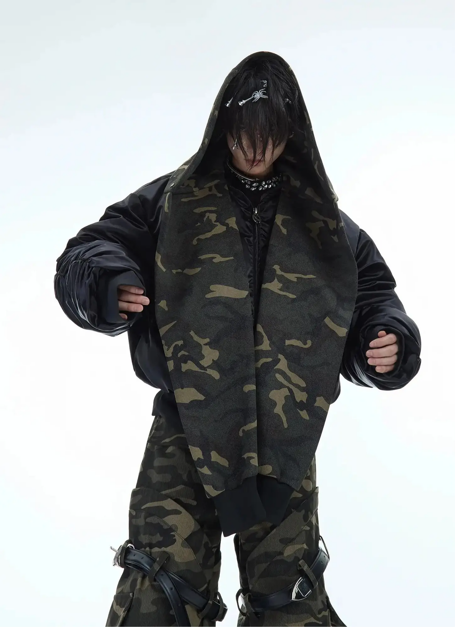 Oversized Camouflage Scarf Hooded Bomber Jacket Hominus Denim