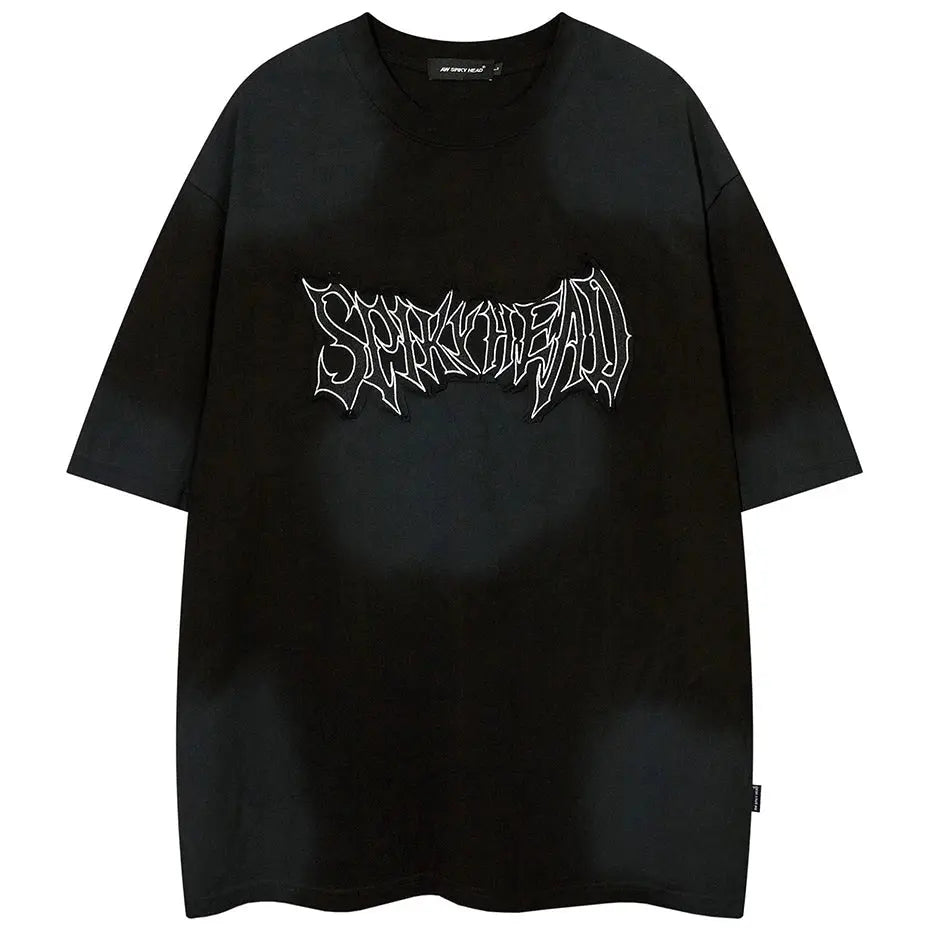Oversized Gothic Letter Embroidery Grunge Tee - Hominus Denim