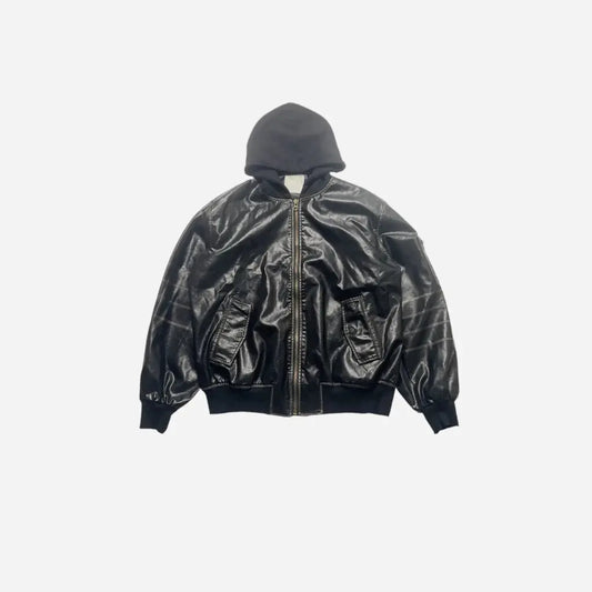 Oversized Hooded Leather Bomber Jacket Hominus Denim