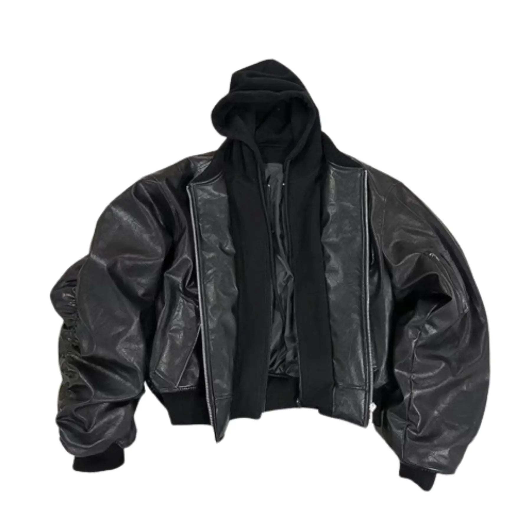 Oversized Hooded Leather Bomber Jacket - Hominus Denim