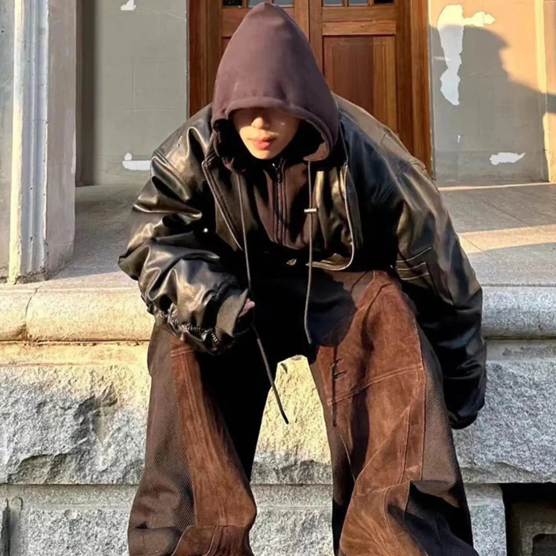 Oversized Hooded Leather Bomber Jacket - Hominus Denim