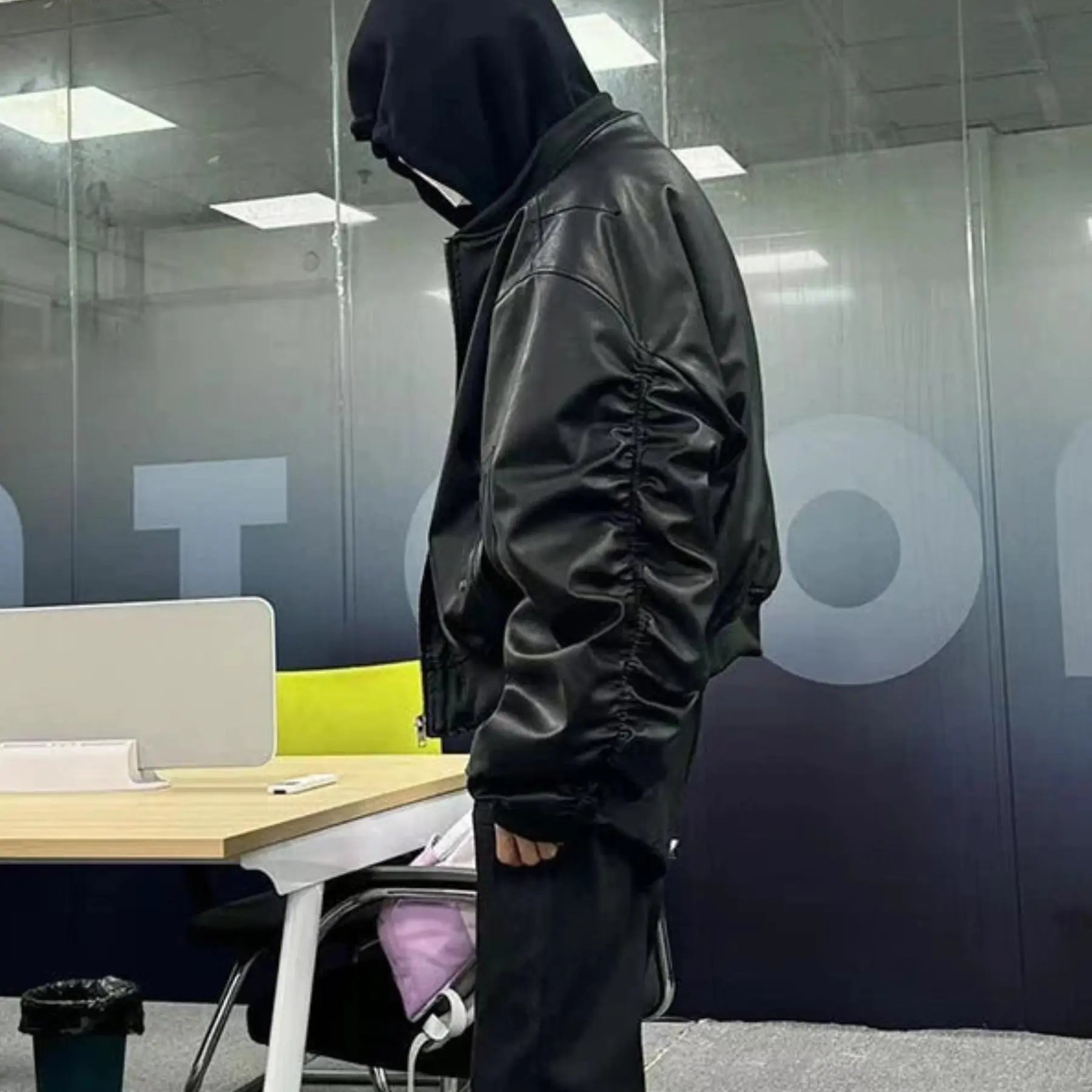 Oversized Hooded Leather Bomber Jacket - Hominus Denim