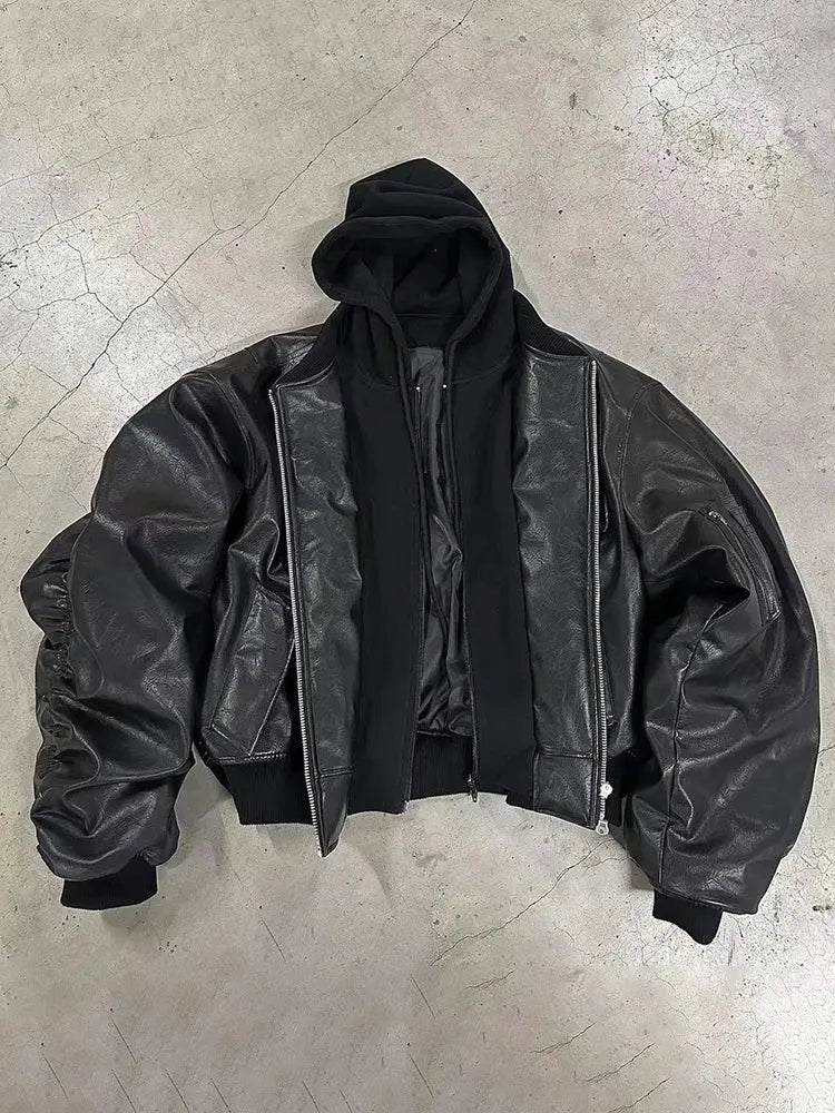Oversized Hooded Leather Bomber Jacket - Hominus Denim