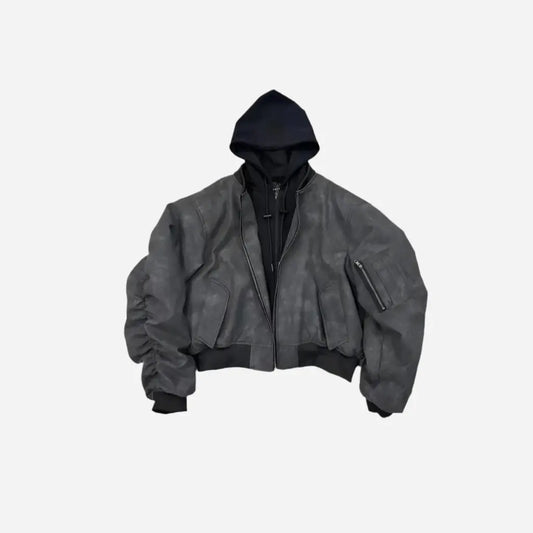 Oversized Hooded Suede Leather Bomber Jacket Hominus Denim