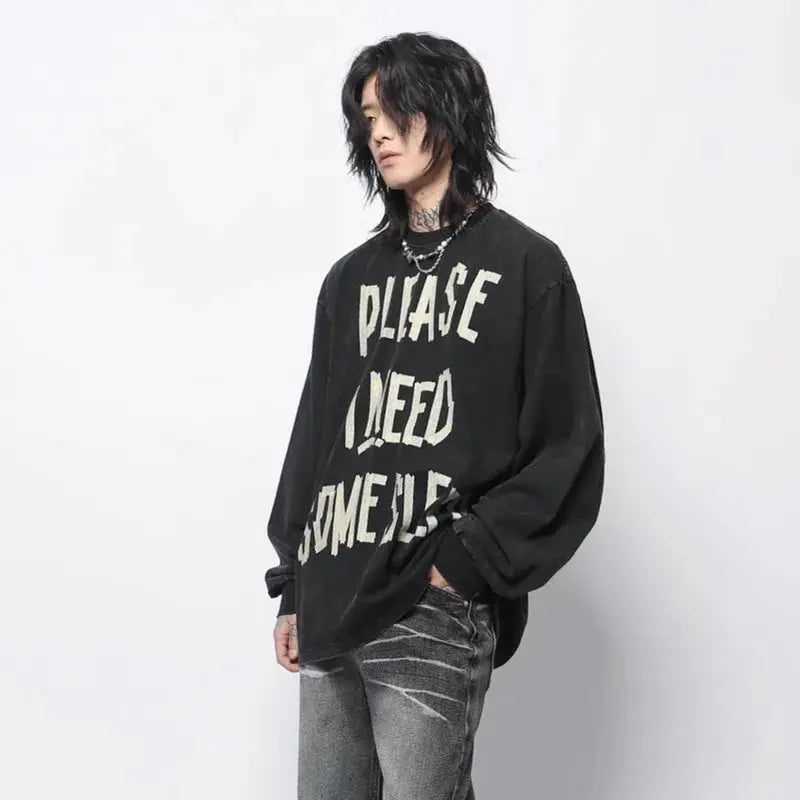PFNW American Vintage Distressed Letters Printed Long-sleeved T-shirt Men's Tide Ins Design Niche Casual Bottoming Tops 28W5948 Hominus Denim