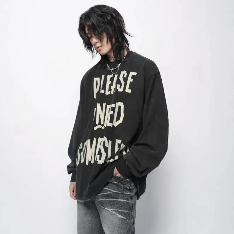 PFNW American Vintage Distressed Letters Printed Long-sleeved T-shirt Men's Tide Ins Design Niche Casual Bottoming Tops 28W5948 Hominus Denim