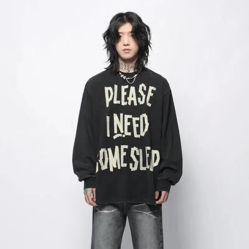 PFNW American Vintage Distressed Letters Printed Long-sleeved T-shirt Men's Tide Ins Design Niche Casual Bottoming Tops 28W5948 Hominus Denim