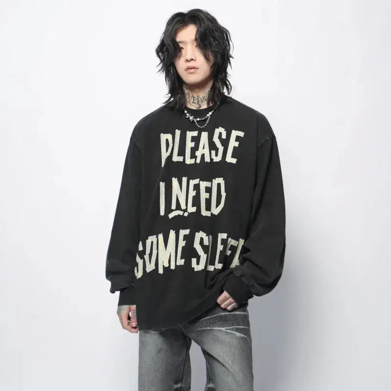 PFNW American Vintage Distressed Letters Printed Long-sleeved T-shirt Men's Tide Ins Design Niche Casual Bottoming Tops 28W5948 Hominus Denim