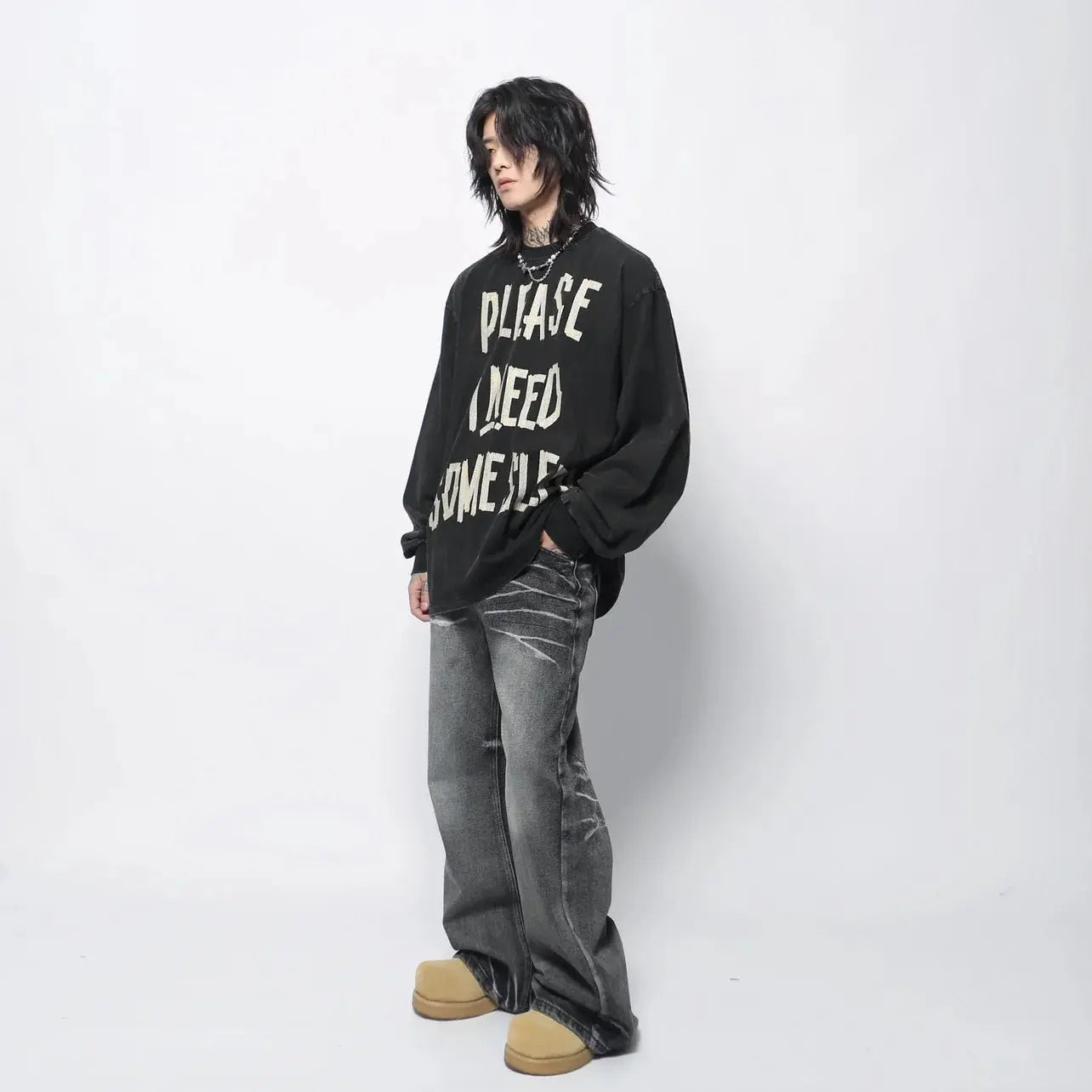 PFNW American Vintage Distressed Letters Printed Long-sleeved T-shirt Men's Tide Ins Design Niche Casual Bottoming Tops 28W5948 Hominus Denim