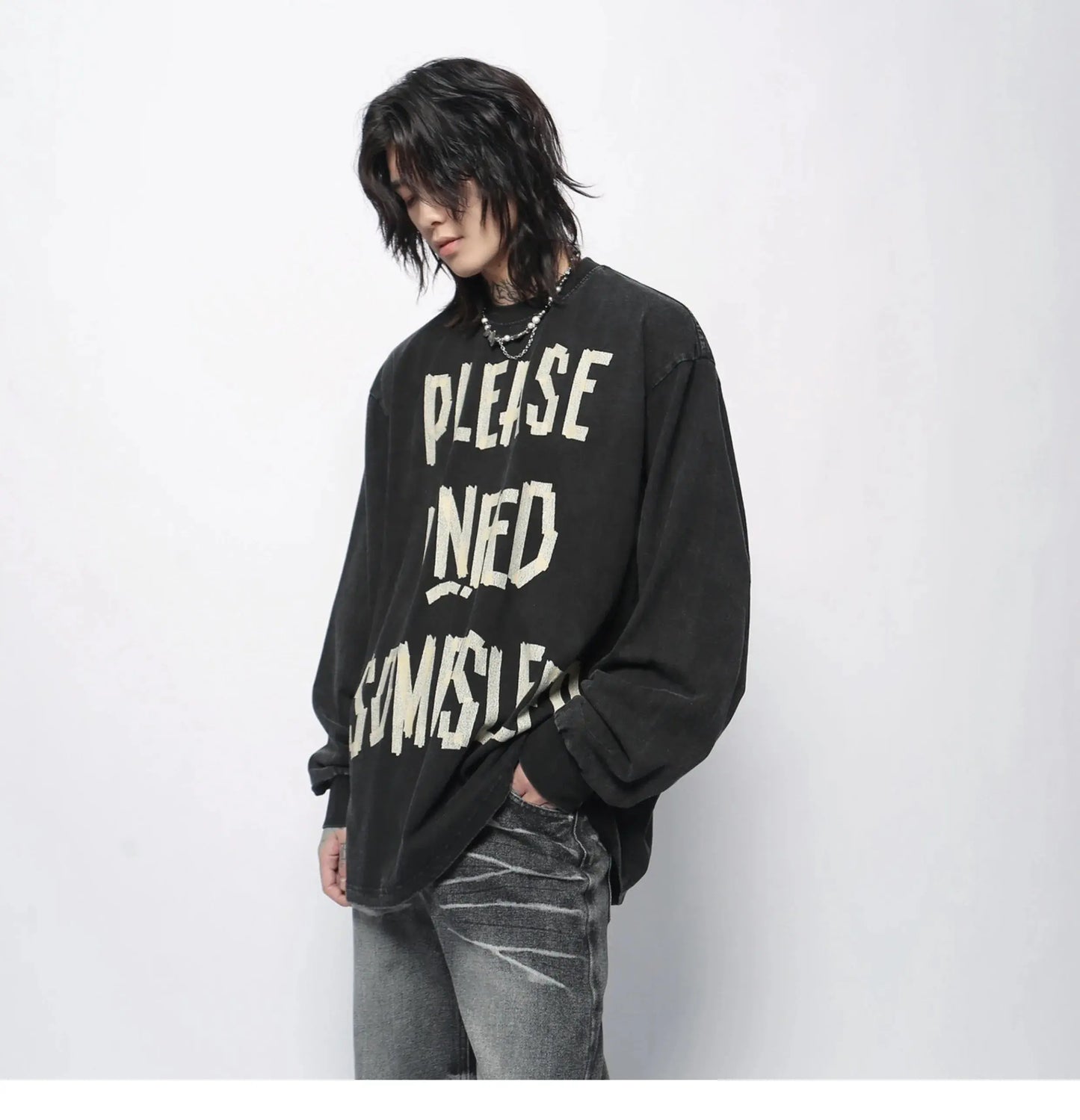 PFNW American Vintage Distressed Letters Printed Long-sleeved T-shirt Men's Tide Ins Design Niche Casual Bottoming Tops 28W5948 Hominus Denim