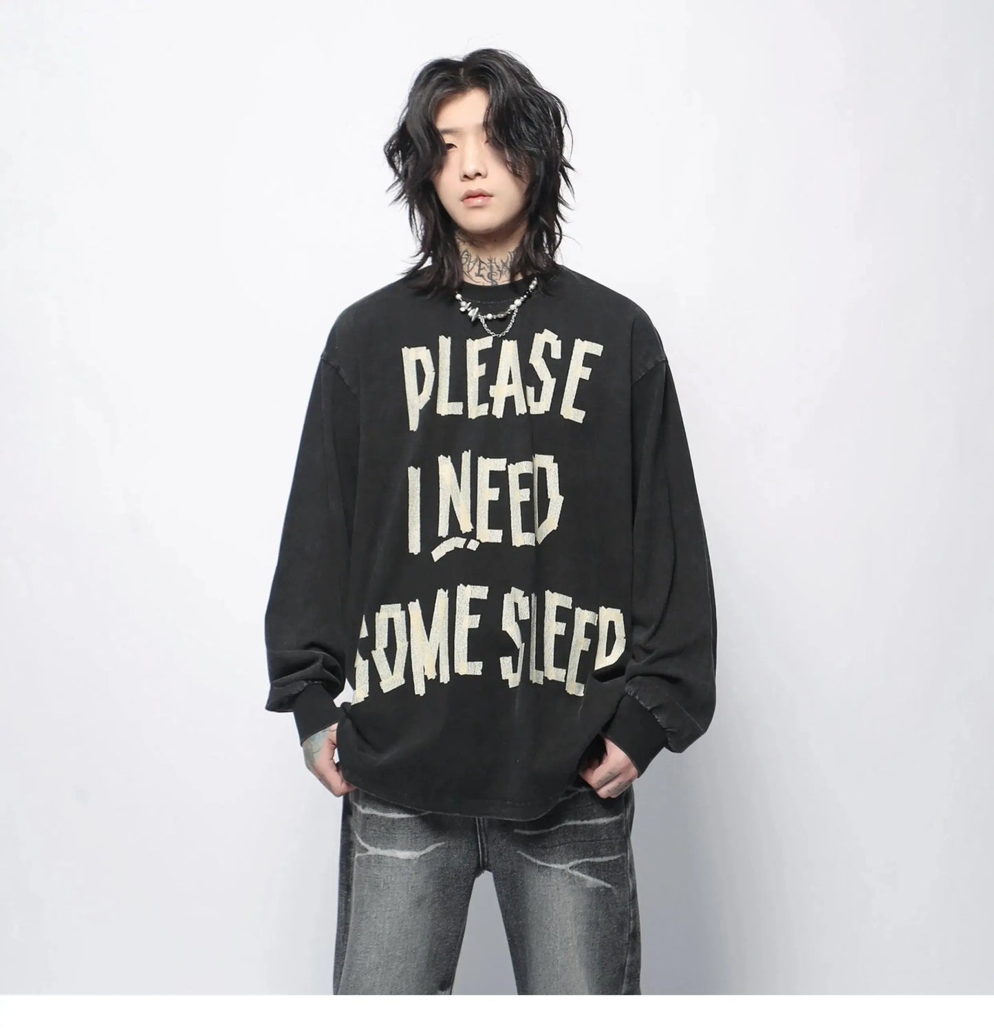 PFNW American Vintage Distressed Letters Printed Long-sleeved T-shirt Men's Tide Ins Design Niche Casual Bottoming Tops 28W5948 Hominus Denim