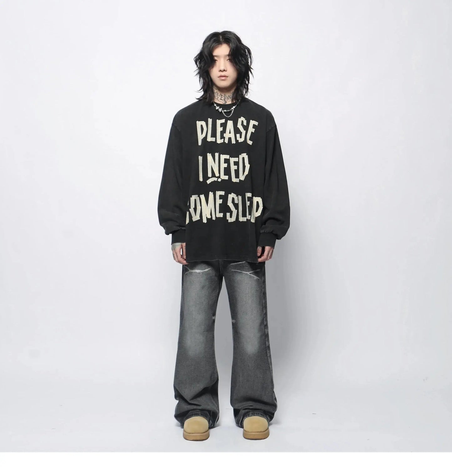 PFNW American Vintage Distressed Letters Printed Long-sleeved T-shirt Men's Tide Ins Design Niche Casual Bottoming Tops 28W5948 Hominus Denim