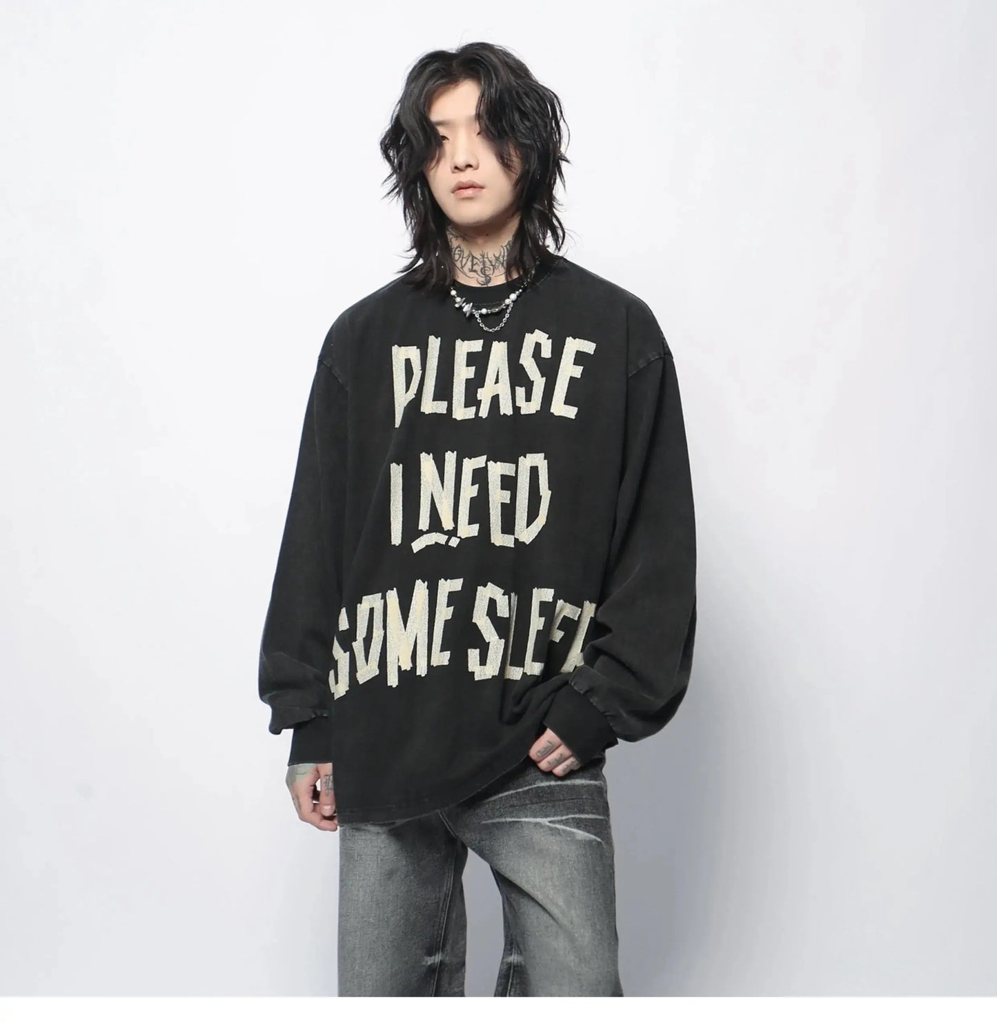 PFNW American Vintage Distressed Letters Printed Long-sleeved T-shirt Men's Tide Ins Design Niche Casual Bottoming Tops 28W5948 Hominus Denim