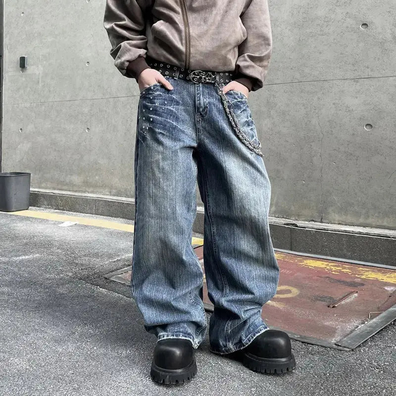 PFNW American Vintage Washed Heat-melting Rhinestone Design Jeans Men's Loose Straight Trousers Wide-legged Denim Pants 12C2337 Hominus Denim