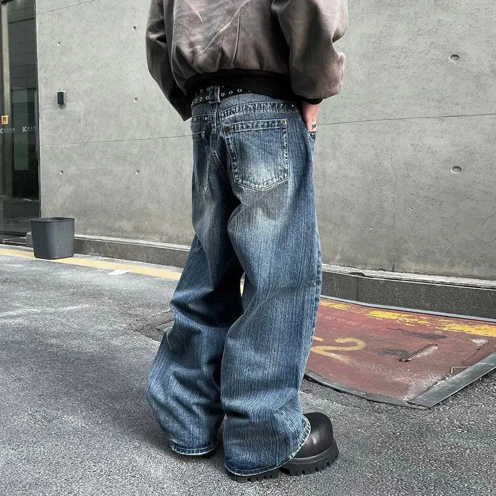 PFNW American Vintage Washed Heat-melting Rhinestone Design Jeans Men's Loose Straight Trousers Wide-legged Denim Pants 12C2337 Hominus Denim