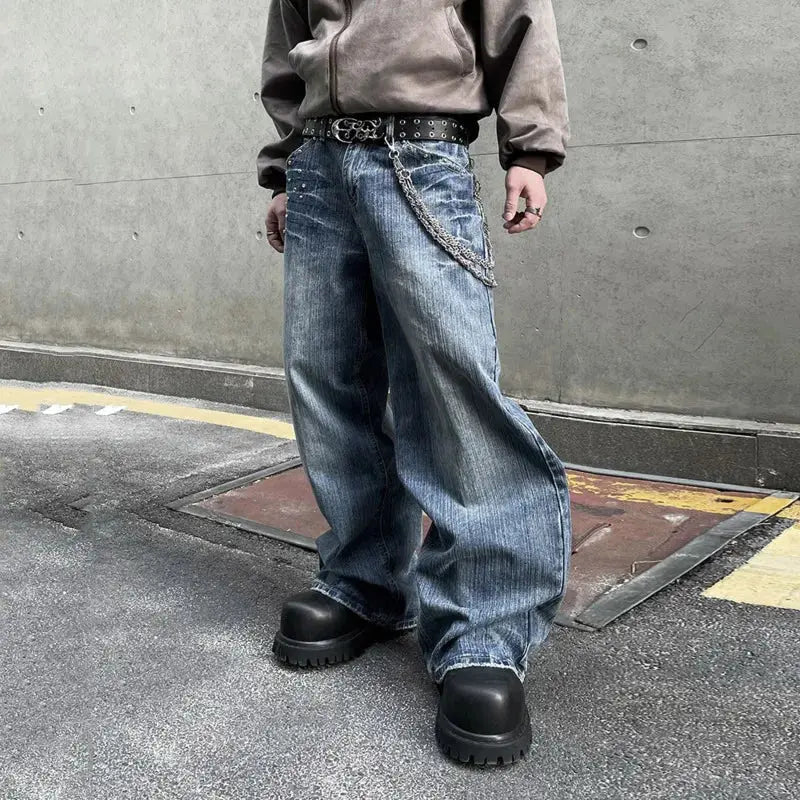 PFNW American Vintage Washed Heat-melting Rhinestone Design Jeans Men's Loose Straight Trousers Wide-legged Denim Pants 12C2337 Hominus Denim
