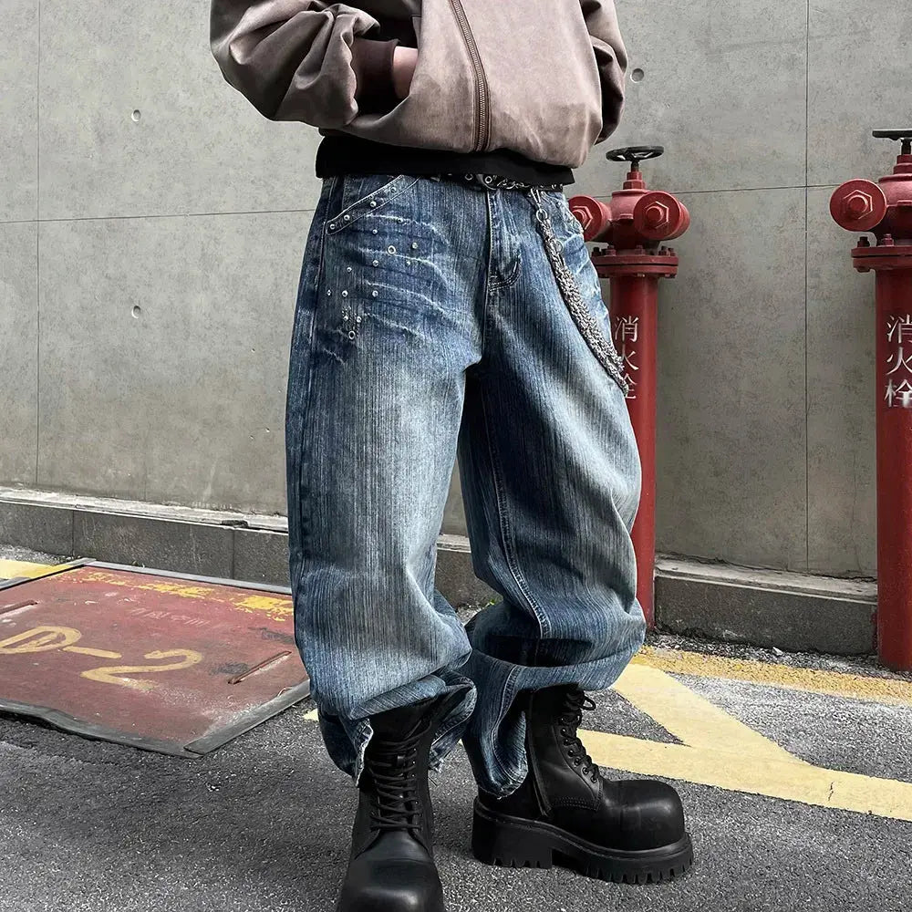 PFNW American Vintage Washed Heat-melting Rhinestone Design Jeans Men's Loose Straight Trousers Wide-legged Denim Pants 12C2337 Hominus Denim