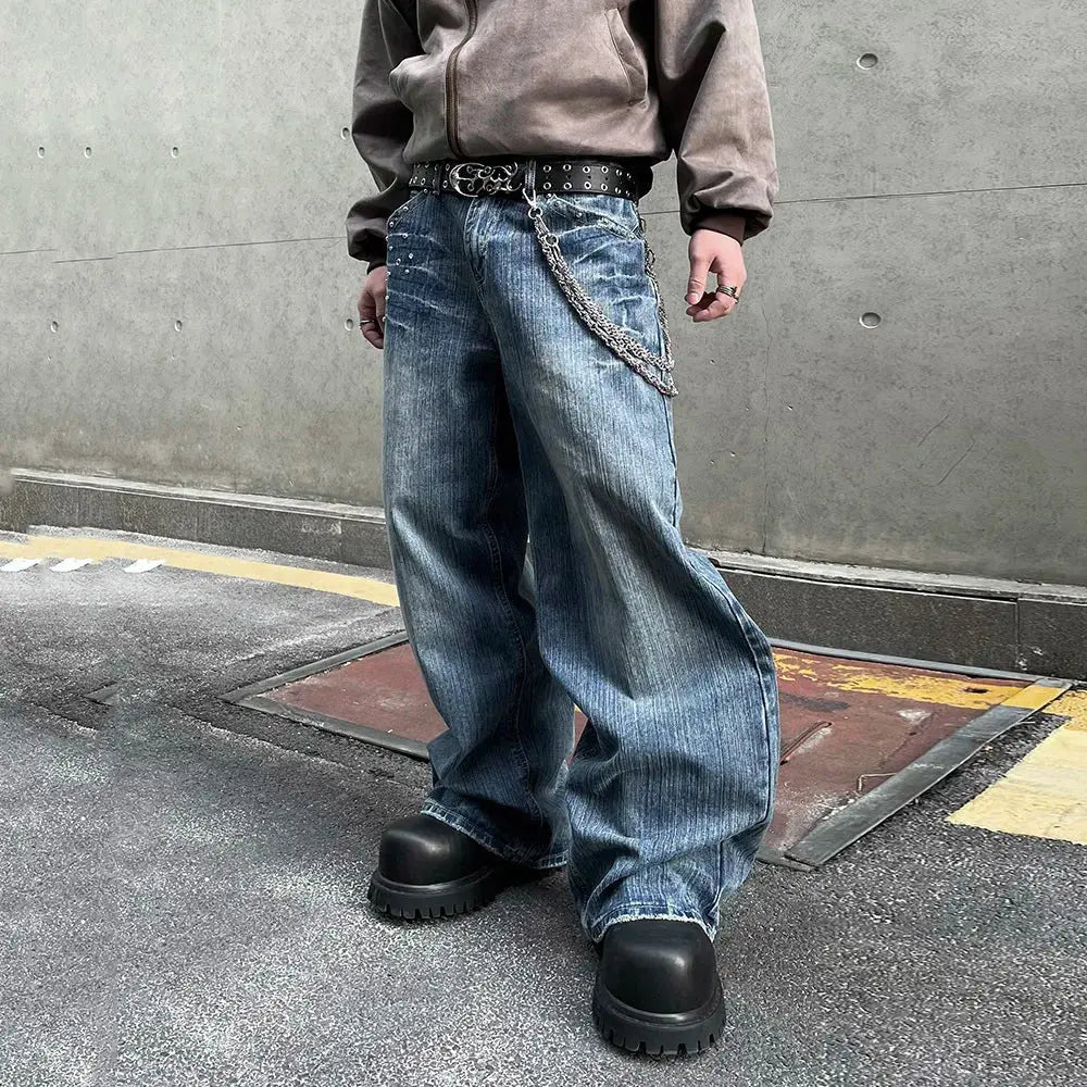 PFNW American Vintage Washed Heat-melting Rhinestone Design Jeans Men's Loose Straight Trousers Wide-legged Denim Pants 12C2337 Hominus Denim