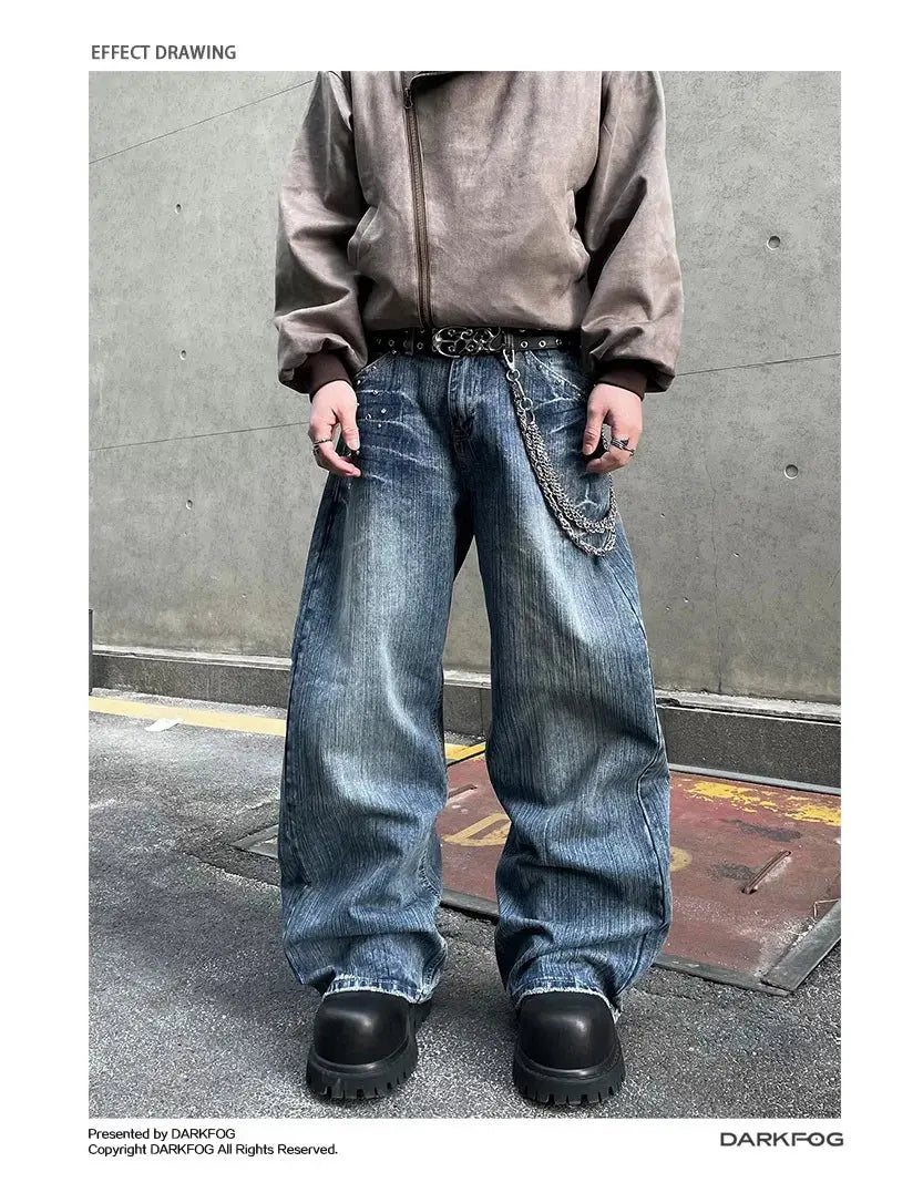 PFNW American Vintage Washed Heat-melting Rhinestone Design Jeans Men's Loose Straight Trousers Wide-legged Denim Pants 12C2337 Hominus Denim