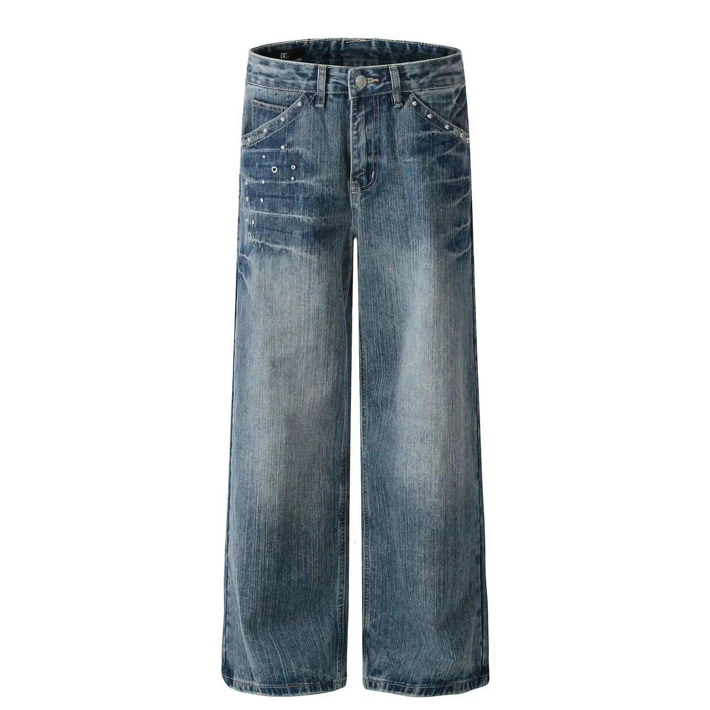 PFNW American Vintage Washed Heat-melting Rhinestone Design Jeans Men's Loose Straight Trousers Wide-legged Denim Pants 12C2337 Hominus Denim