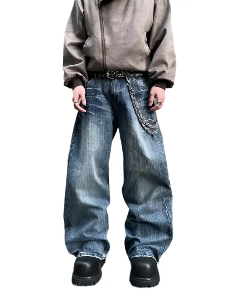 PFNW American Vintage Washed Heat-melting Rhinestone Design Jeans Men's Loose Straight Trousers Wide-legged Denim Pants 12C2337 Hominus Denim