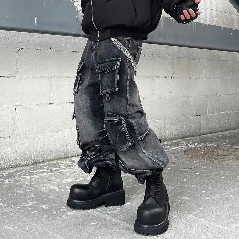 PFNW American VintageWashed Black Multi-Pocket Loose Jeans Men's Distressed Straight Wide Leg Denim Pants Tide Trousers 12C2249 Hominus Denim