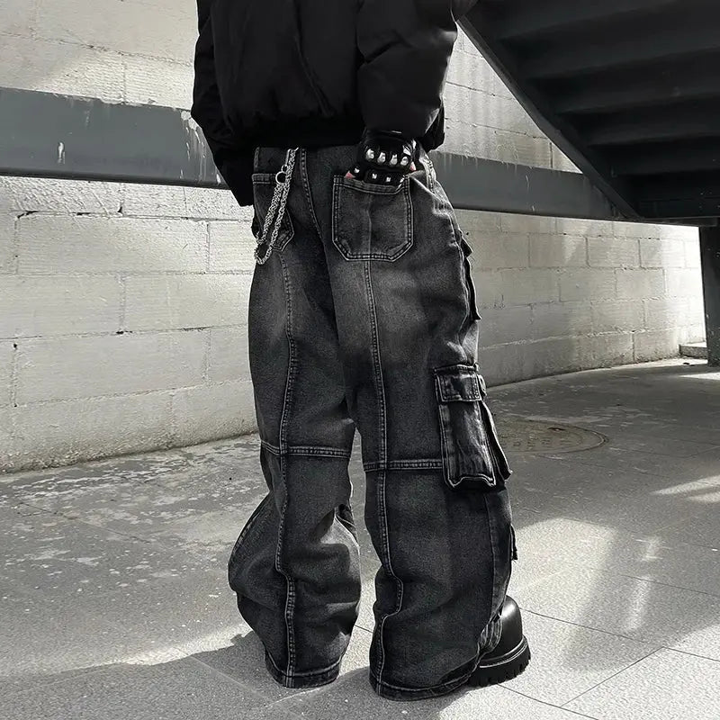 PFNW American VintageWashed Black Multi-Pocket Loose Jeans Men's Distressed Straight Wide Leg Denim Pants Tide Trousers 12C2249 Hominus Denim