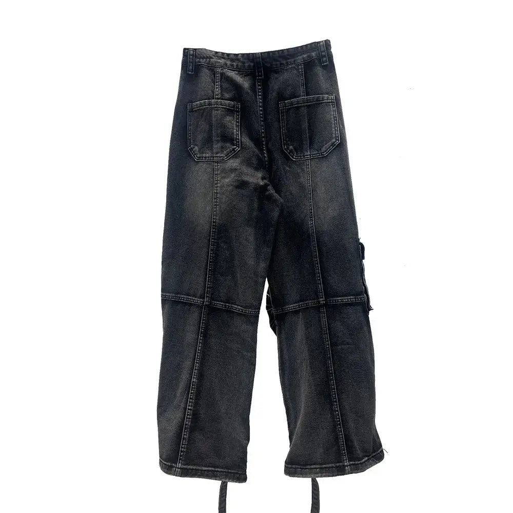 PFNW American VintageWashed Black Multi-Pocket Loose Jeans Men's Distressed Straight Wide Leg Denim Pants Tide Trousers 12C2249 Hominus Denim