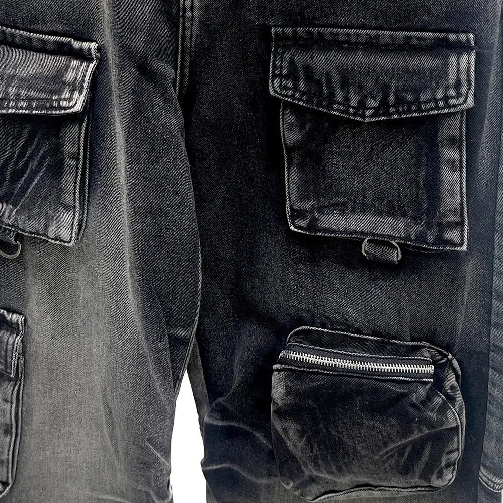 PFNW American VintageWashed Black Multi-Pocket Loose Jeans Men's Distressed Straight Wide Leg Denim Pants Tide Trousers 12C2249 Hominus Denim