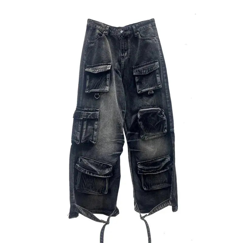 PFNW American VintageWashed Black Multi-Pocket Loose Jeans Men's Distressed Straight Wide Leg Denim Pants Tide Trousers 12C2249 Hominus Denim