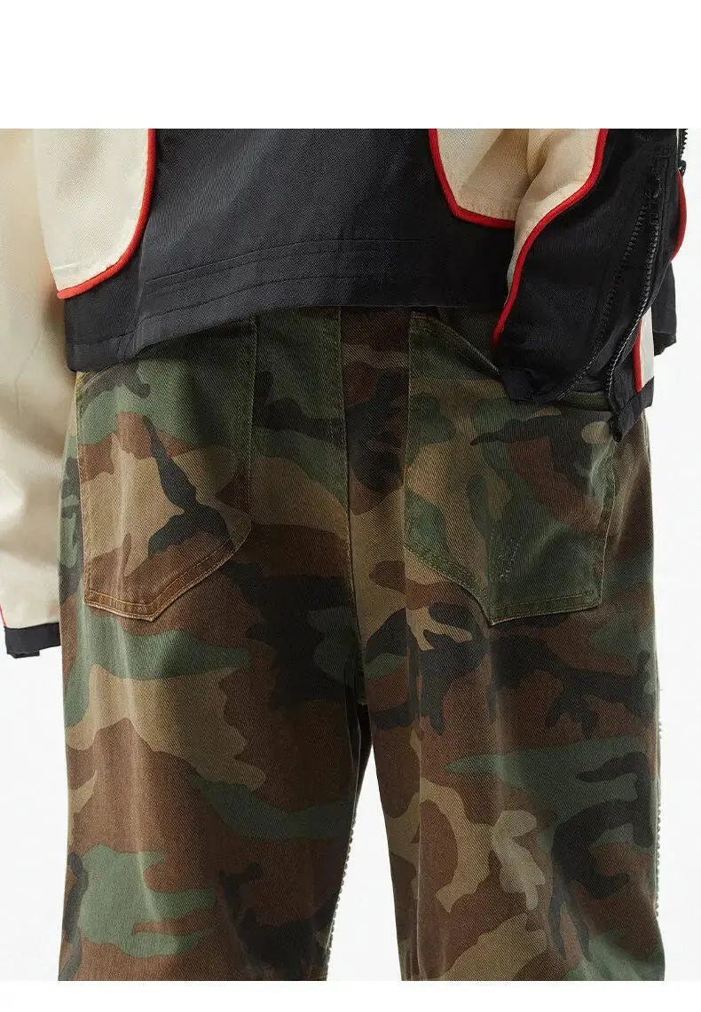 PFNW American high Street jeans men Faded Camouflage cargo Pants Heavy Washed Deconstructed Loose Micro denim trousers 28W6153 Hominus Denim
