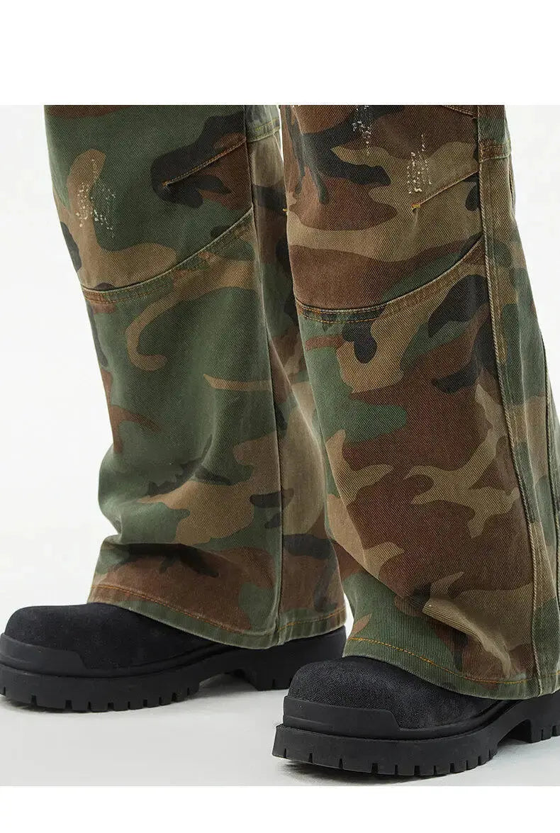 PFNW American high Street jeans men Faded Camouflage cargo Pants Heavy Washed Deconstructed Loose Micro denim trousers 28W6153 Hominus Denim
