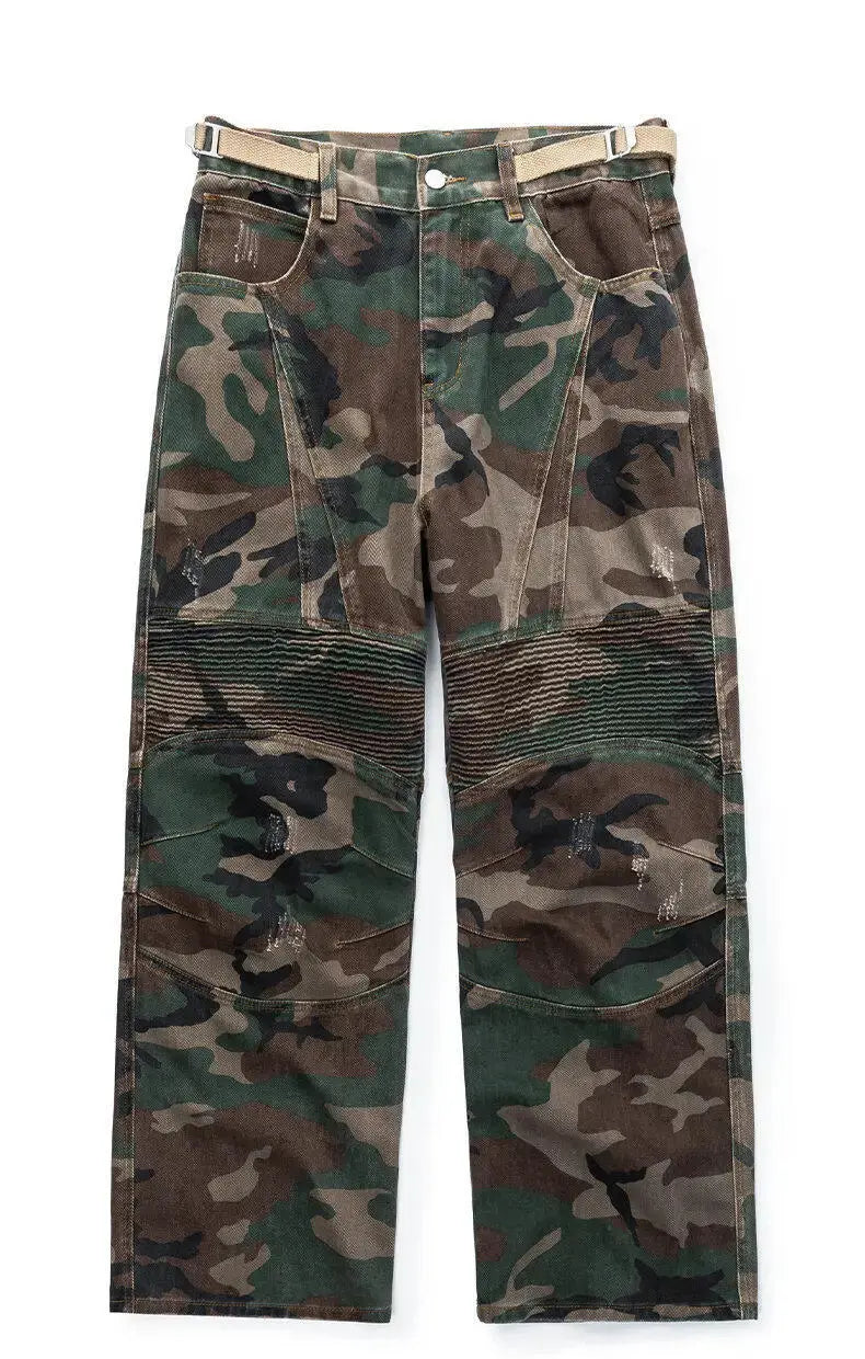 PFNW American high Street jeans men Faded Camouflage cargo Pants Heavy Washed Deconstructed Loose Micro denim trousers 28W6153 Hominus Denim