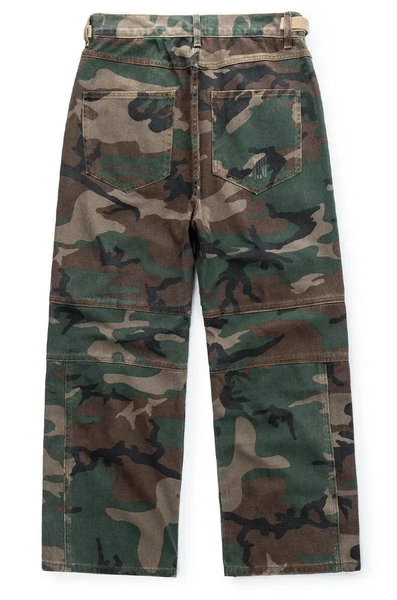 PFNW American high Street jeans men Faded Camouflage cargo Pants Heavy Washed Deconstructed Loose Micro denim trousers 28W6153 Hominus Denim