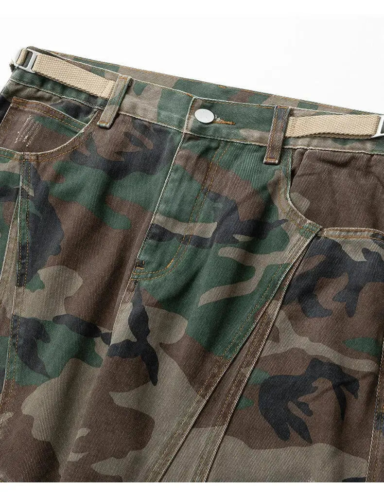 PFNW American high Street jeans men Faded Camouflage cargo Pants Heavy Washed Deconstructed Loose Micro denim trousers 28W6153 Hominus Denim