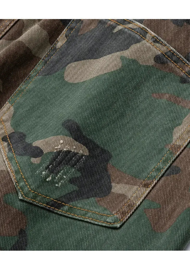 PFNW American high Street jeans men Faded Camouflage cargo Pants Heavy Washed Deconstructed Loose Micro denim trousers 28W6153 Hominus Denim