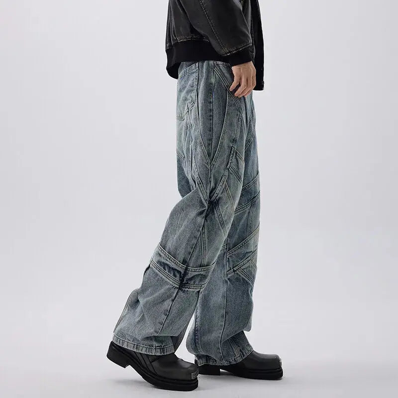 PFNW Heavyweight Dirty Wash Distressed Design Blue Wide-leg Jeans Men's Niche Tide Loose Fit Long Denim Pants 2025 New 28W6196 Hominus Denim