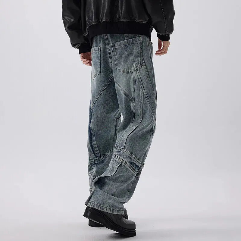 PFNW Heavyweight Dirty Wash Distressed Design Blue Wide-leg Jeans Men's Niche Tide Loose Fit Long Denim Pants 2025 New 28W6196 Hominus Denim