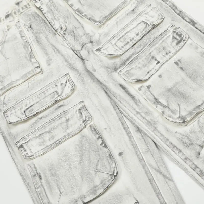 PFNW Multi Pockets Dirty Dyed Men's Jeans High Street Safari Style Male Denim Cargo Pants Wide Leg Trousers 2024 Trendy 28W3102 Hominus Denim