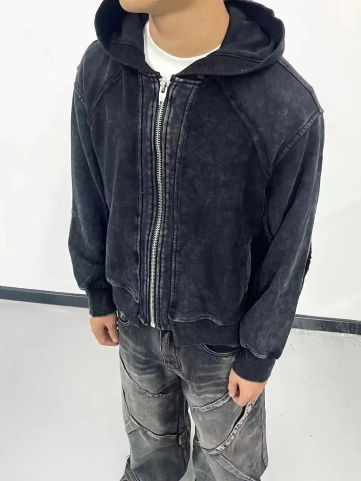 PFNW Silhouette Spliced Hooded Jacket Men's High Quality Washed Old-fashioned Sweatshirt Jacket Top 2025 New Zipper Coat 28W6107 Hominus Denim