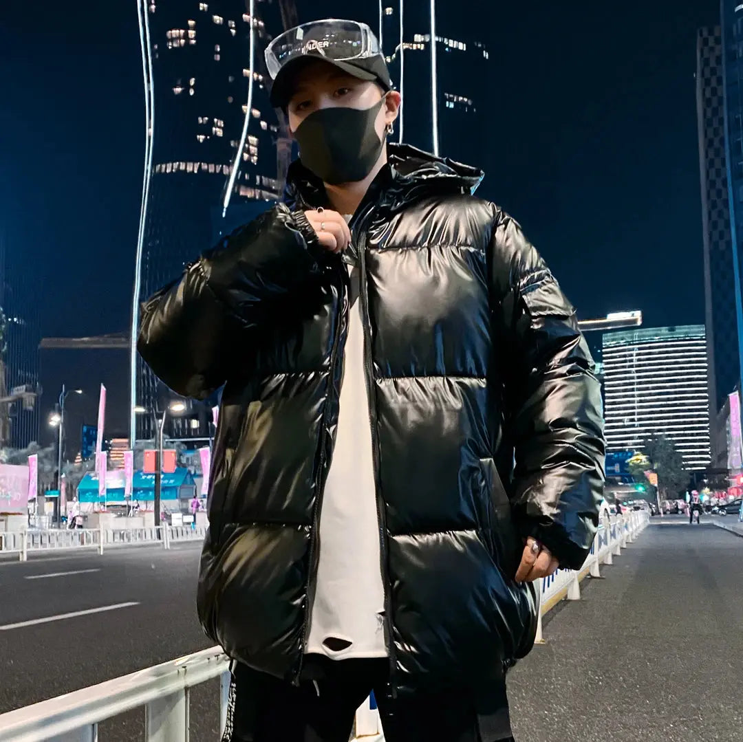 Black Shiny Casual Puffer Hooded Jacket - Hominus Denim