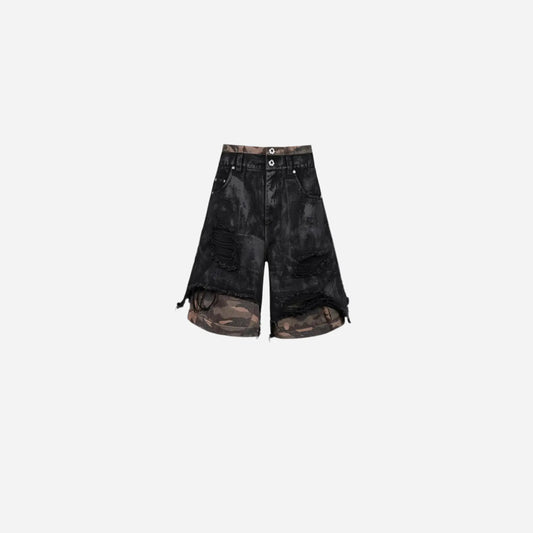 Punk Damaged Fake Two Pieces Short Hominus Denim