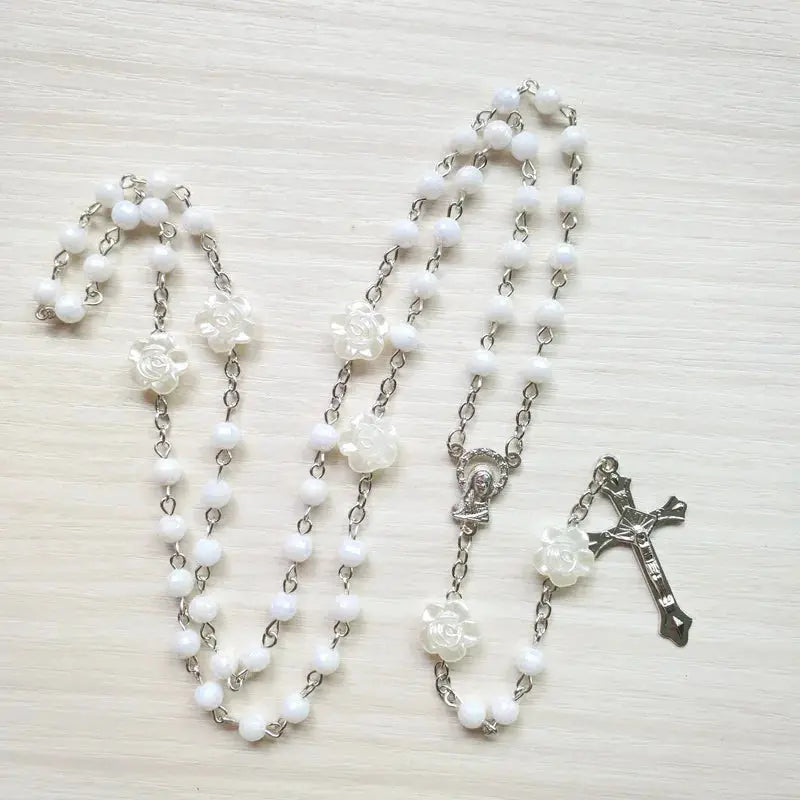 QIGO White Rose Plastic Rosary Necklace Long Jesus Cross Religious Prayer Jewelry Hominus Denim
