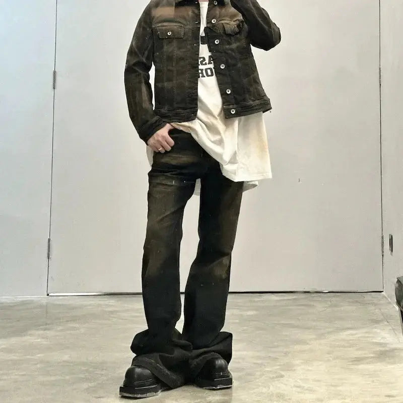 RO Ribbons Contrast Color Washed Micro Flared Jeans for Men Straight Casual Baggy Denim Trousers Ropa Hombre Loose Cargo Pants Hominus Denim