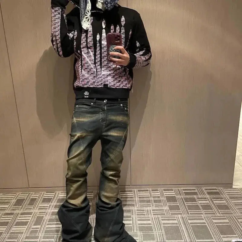 RO Ribbons Contrast Color Washed Micro Flared Jeans for Men Straight Casual Baggy Denim Trousers Ropa Hombre Loose Cargo Pants Hominus Denim
