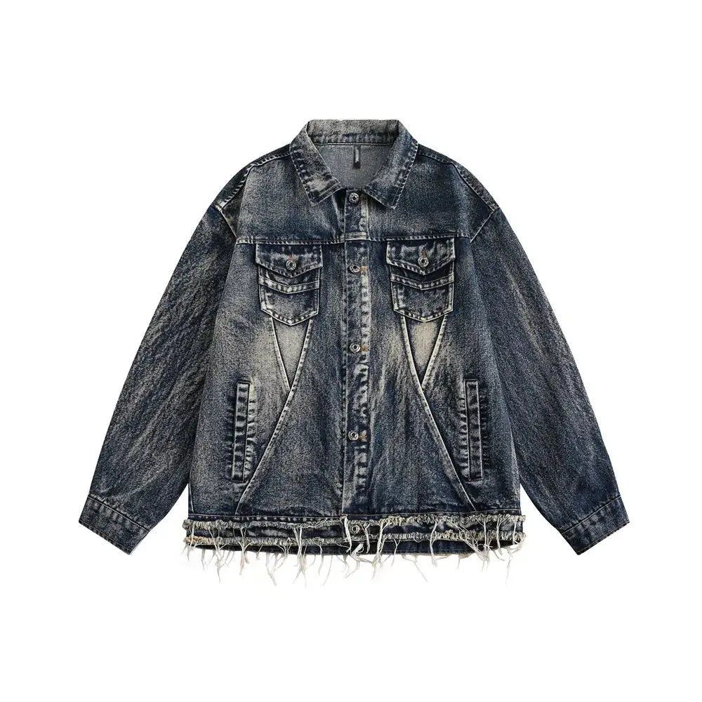 Raw Edge Washed Distressed Denim Jacket Mens Pocket Spliced High Street Lapel Single Breasted Long Sleeve Outerwear Men Hominus Denim