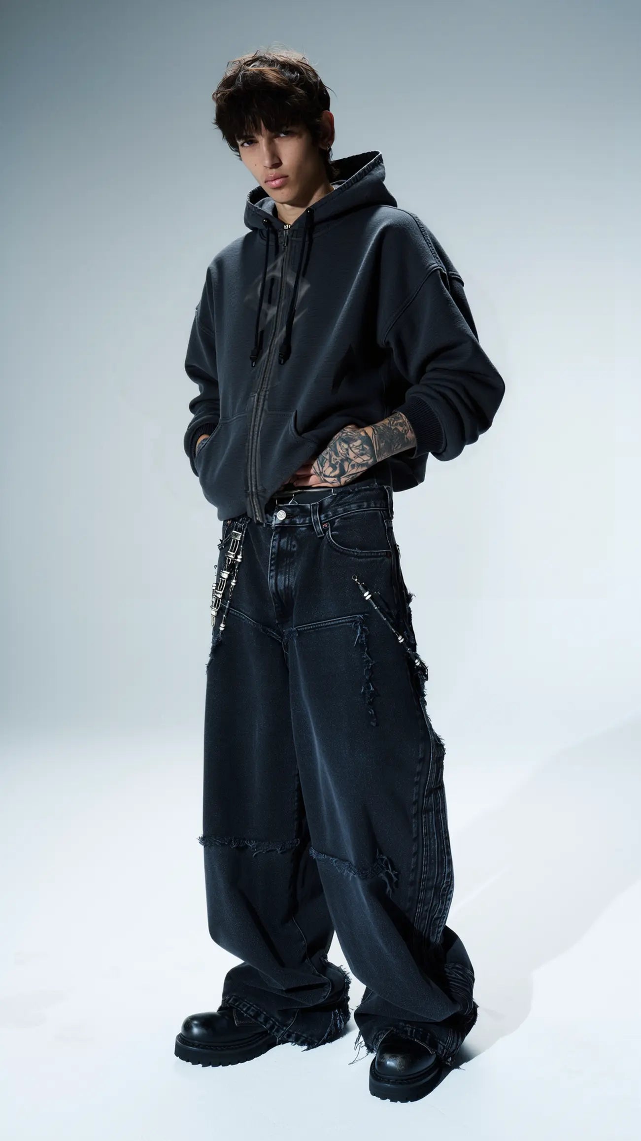 Ripped Faded 9Seal Logo Zip Hoodie Hominus Denim