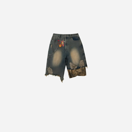 Ripped Washed Camouflage Printed Denim Shorts Hominus Denim