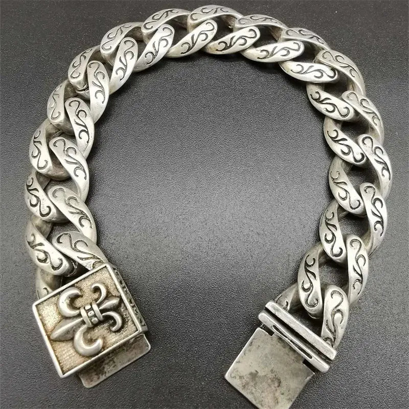 Silver Royal Flower Cuban Link Chain - Hominus Denim